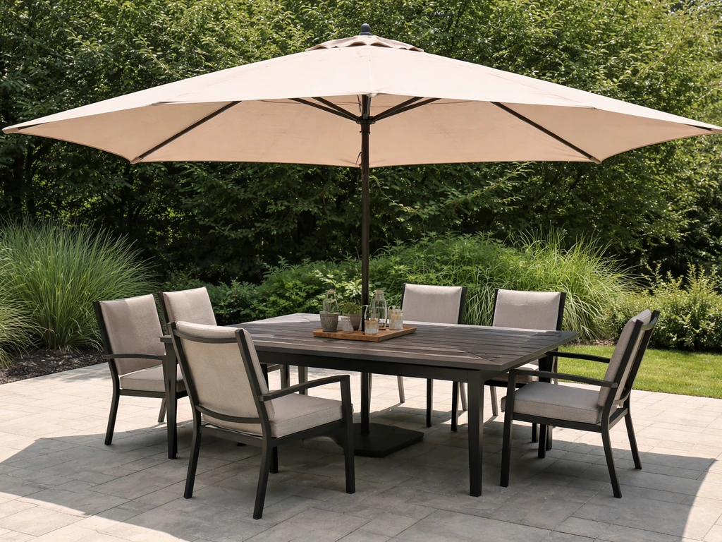 Patio table under an open market umbrella, canopy extending 2 feet beyond the table edges for shade.