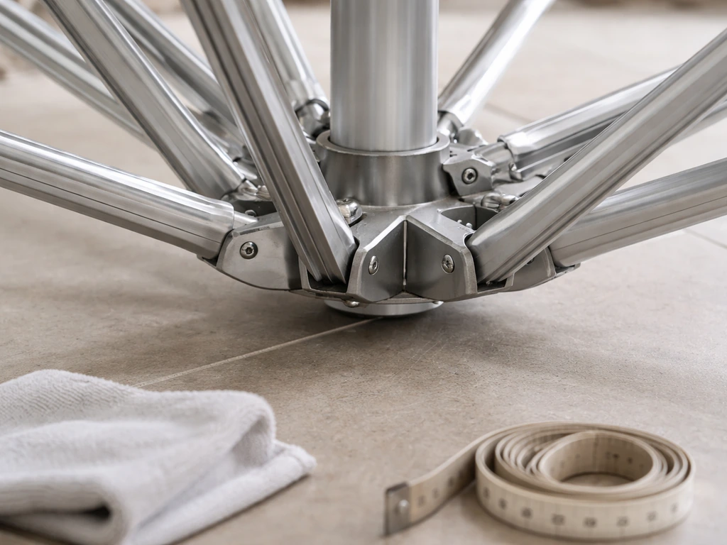 Close-up of an aluminum frame and ribs with focus on joints and fittings for inspection.
