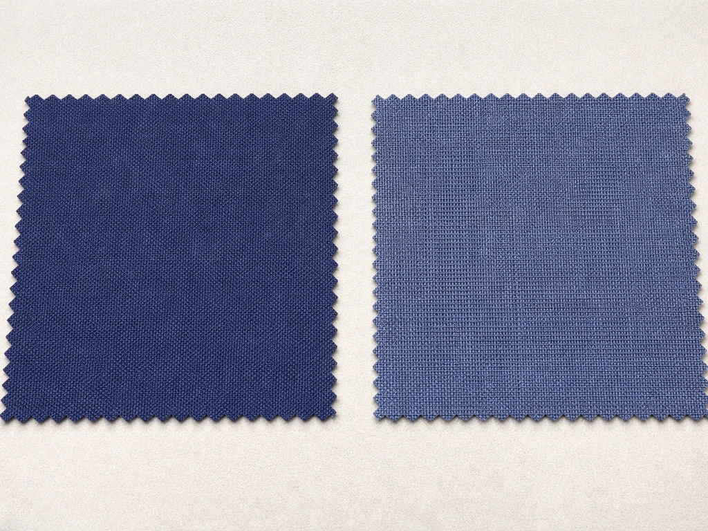 Close-up of two canopy fabric swatches showing deeper color and tighter weave on solution-dyed acrylic.