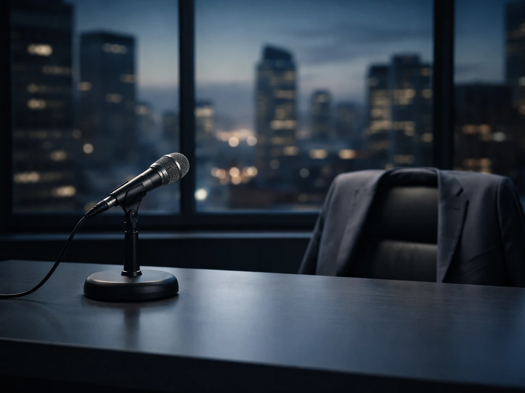 Unbranded studio desk with a microphone and city skyline backdrop, evoking TV investigation work