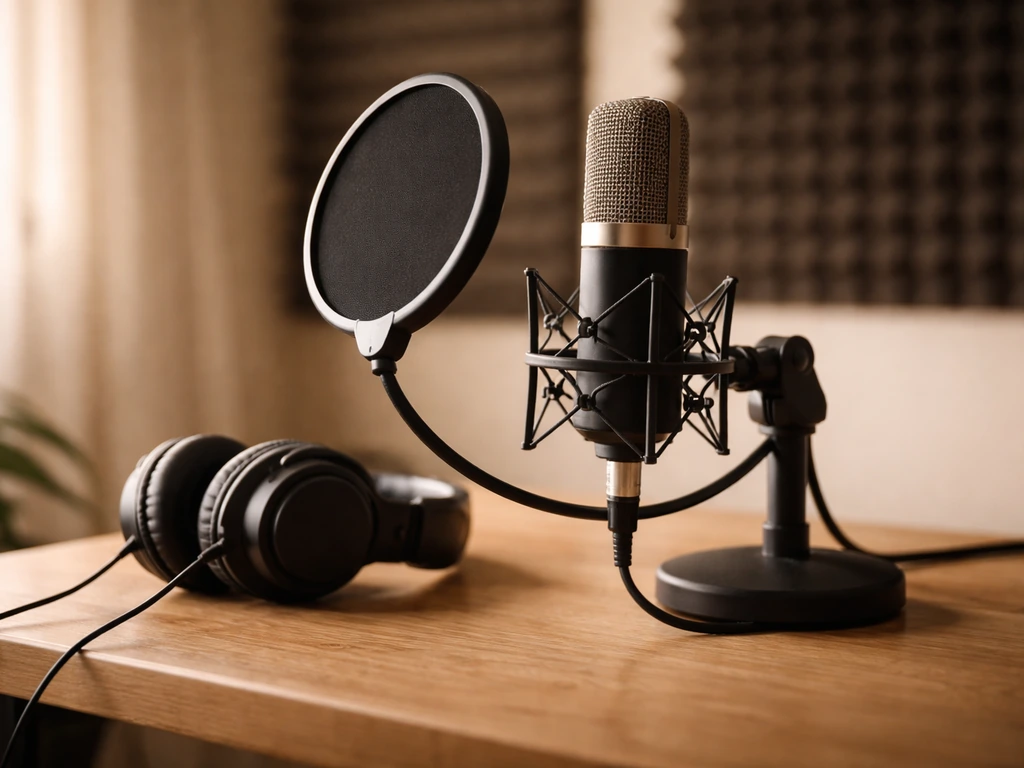 Podcast studio microphone and headphones on a desk, minimal scene representing voice acting.