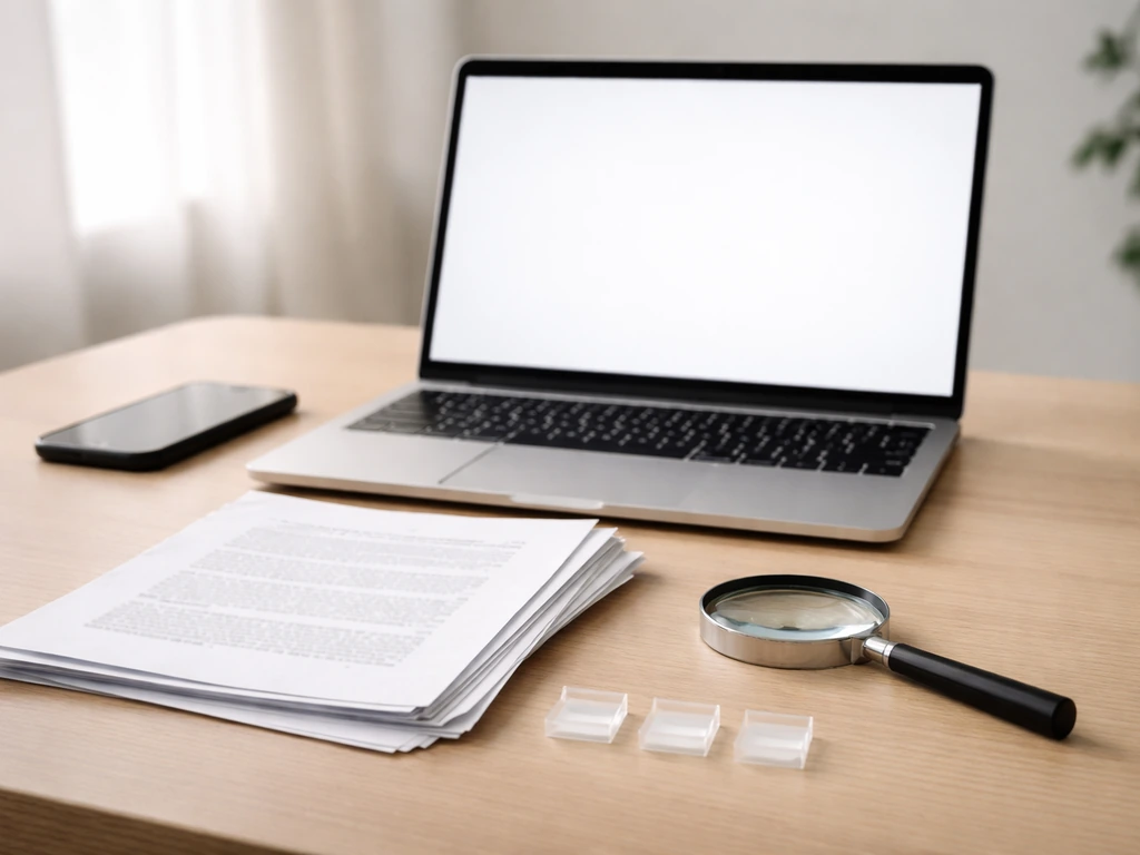 Minimal desk scene with magnifying glass and printed pages suggesting verification of conflicting online figures.