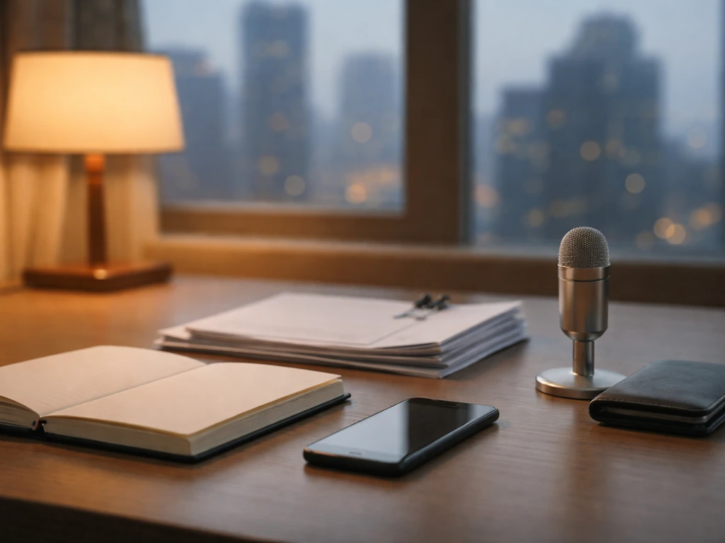 Minimal desk scene with microphone and documents suggesting verified vs speculative net worth estimates