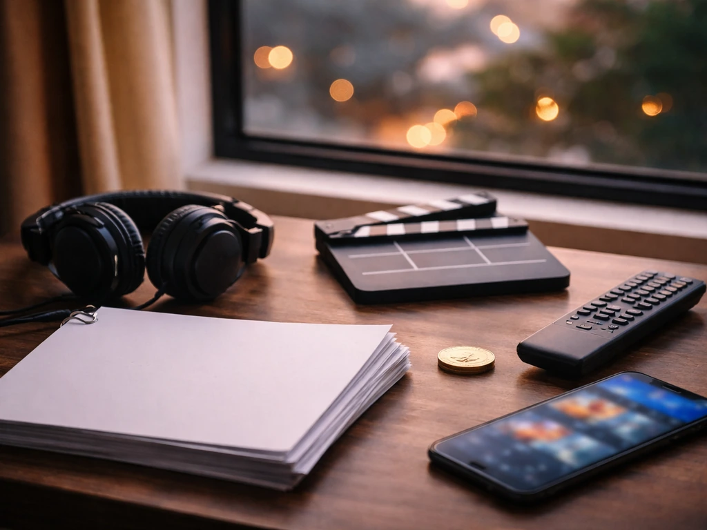 Minimal studio desk scene with headphones, scripts, coin, and blurred streaming device implying entertainment income.