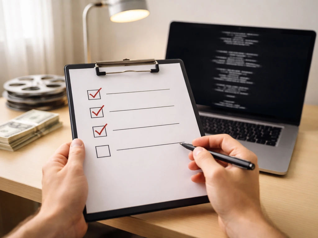Person reviewing a checklist beside a laptop with IMDb-like film reels and currency icons on a clean desk