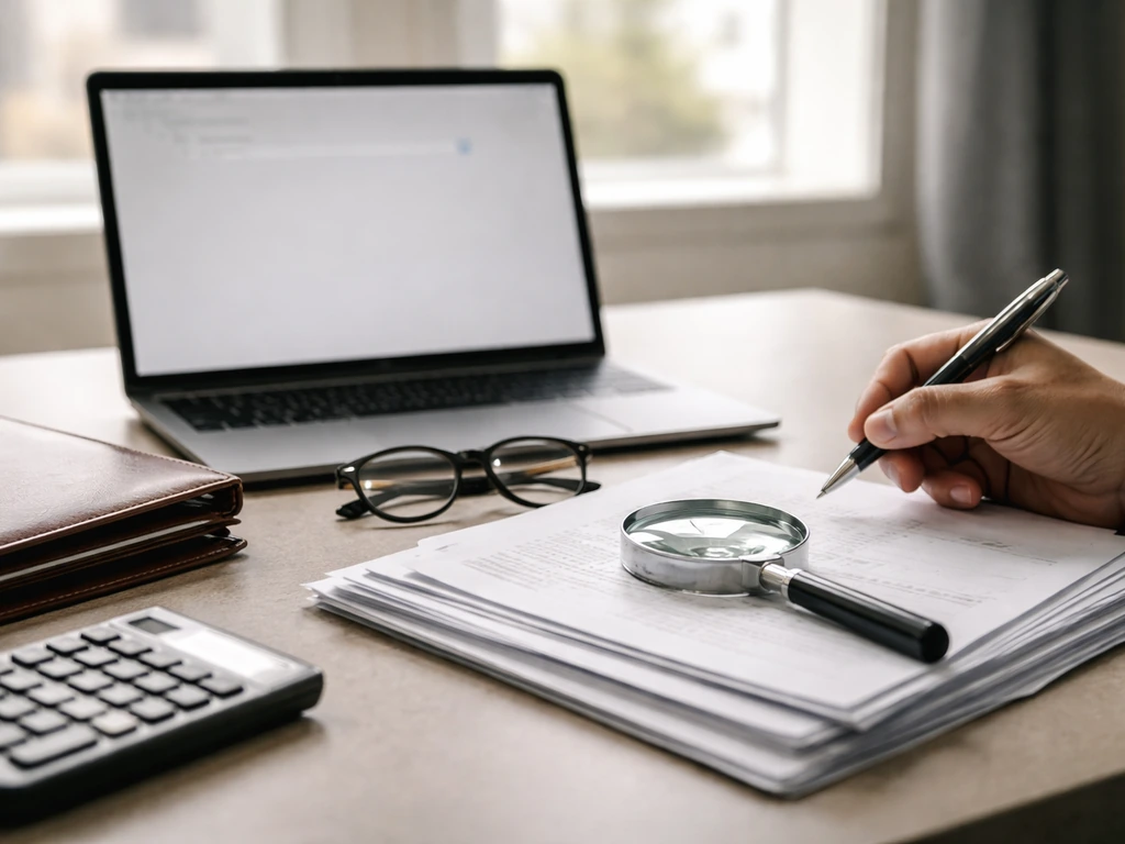 Desk with magnifying glass, documents, and laptop suggesting finance verification for a net worth inquiry