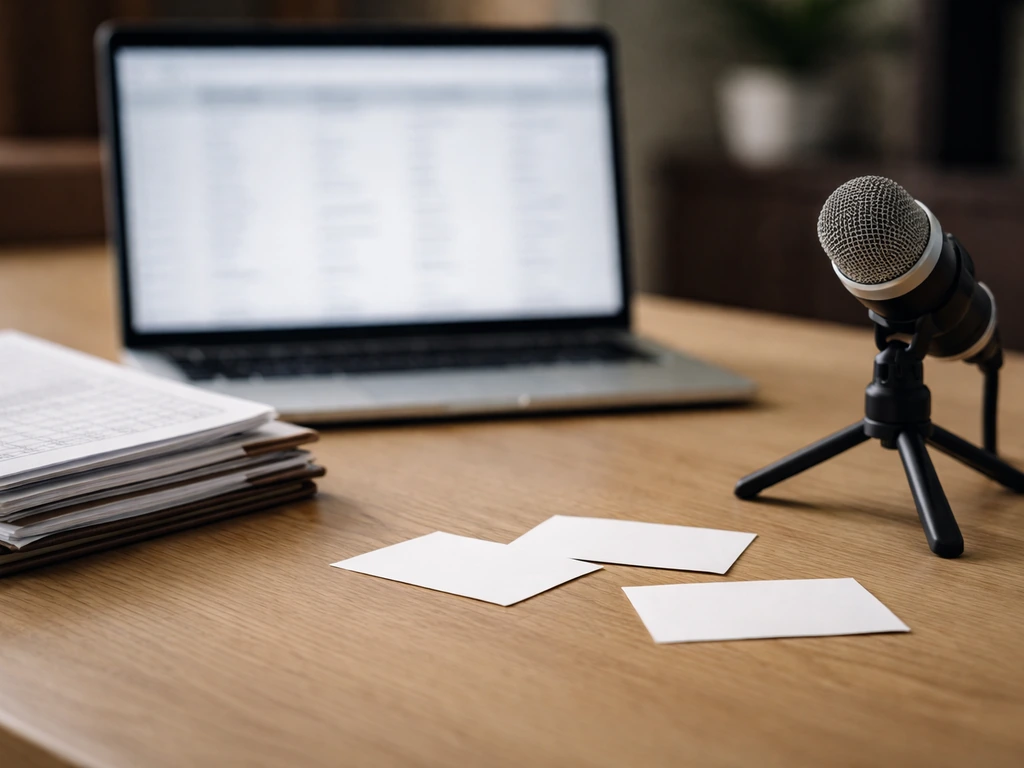 Close-up of a finance professional’s desk with laptop, papers, and scattered business cards for identity comparison