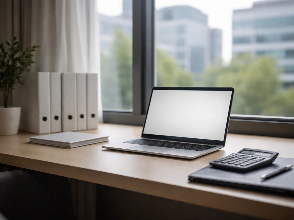 Minimal office desk scene with a laptop and accounting items suggesting work at a registered investment firm.