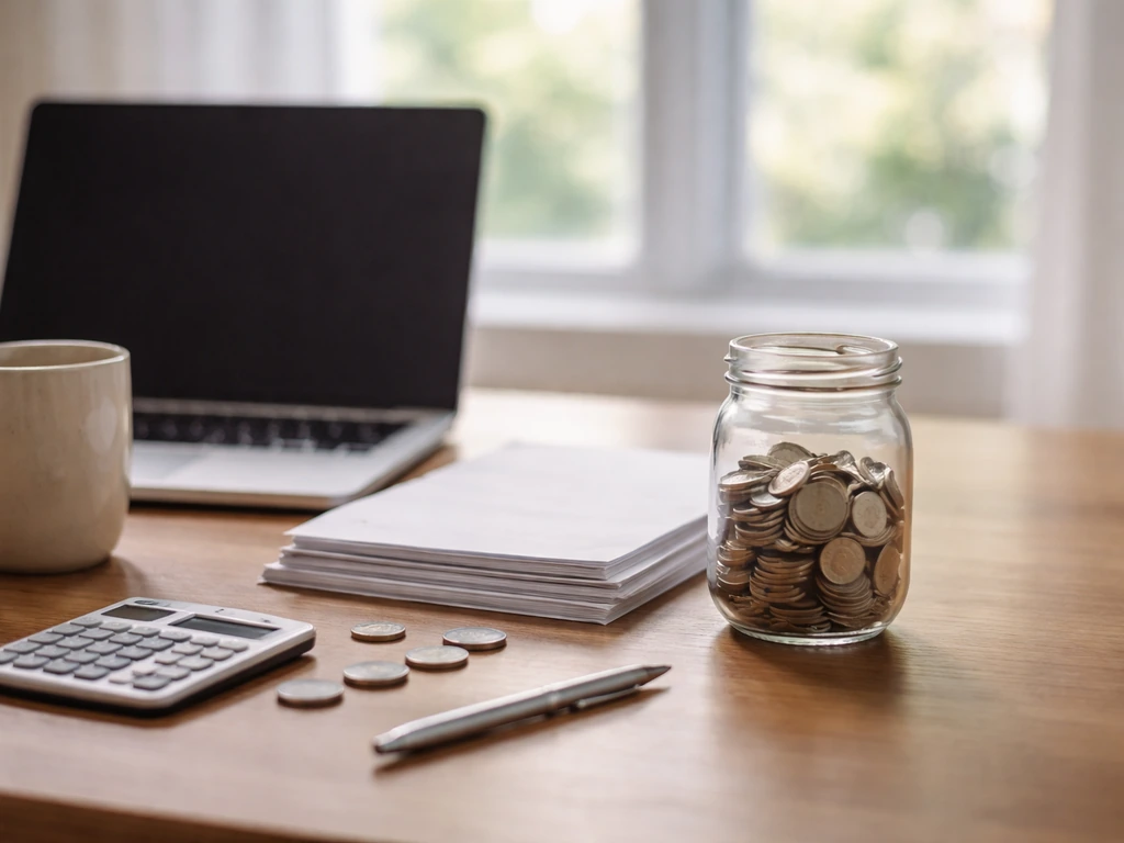 Minimal desk scene with a coin jar and papers symbolizing building a net worth estimate.