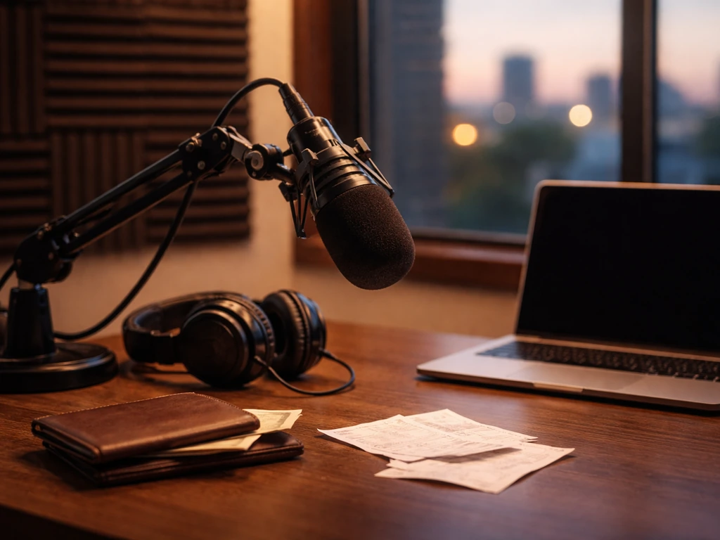 Anonymous sports radio studio scene with a microphone and cash-free wealth symbolism for a net worth article