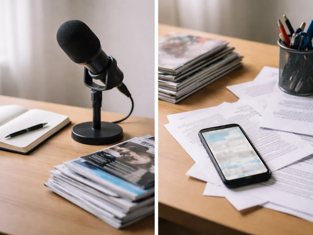 Split desk scene showing official industry materials on one side and blurred guessy web content on the other.