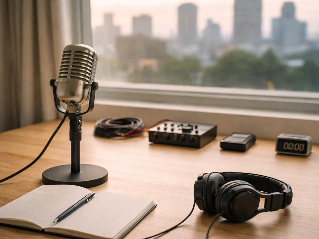 Minimal radio studio desk with microphone, headphones, and media gear arranged to imply a career timeline.