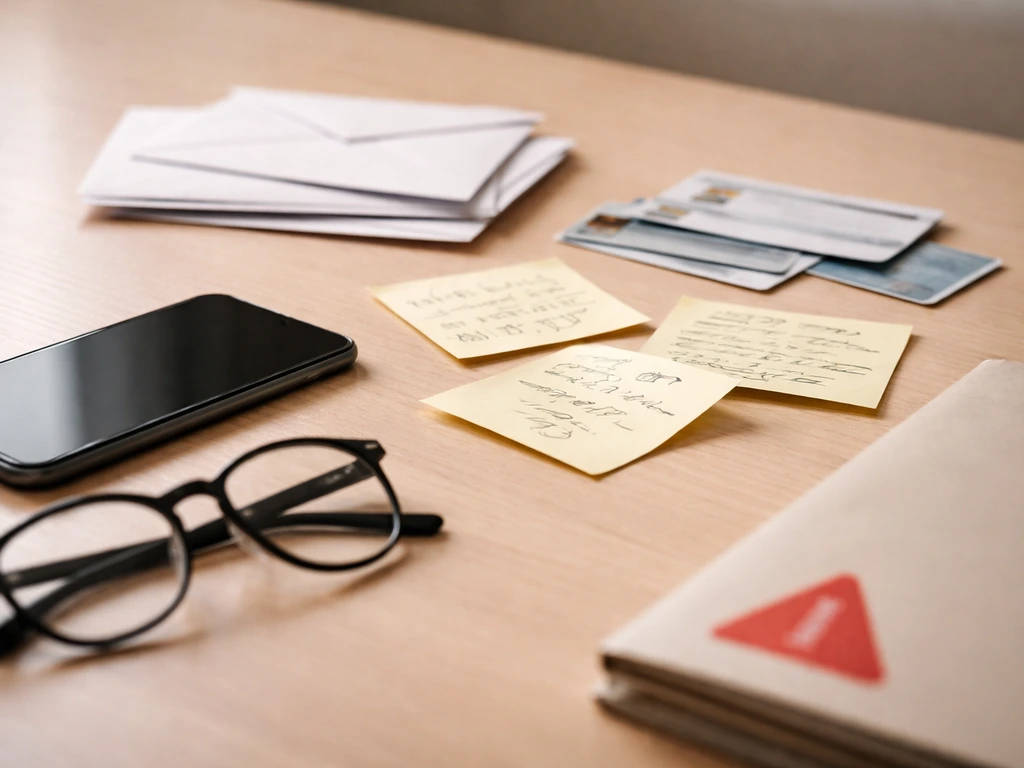 Close-up of mixed mail and handwritten notes on a desk with a blurred verification-style warning feeling