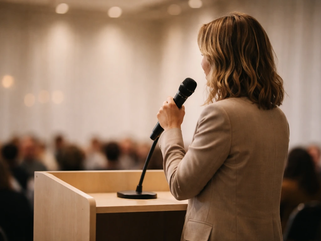 Anonymous nonprofit speaker at a podium with a microphone, softly blurred event backdrop.