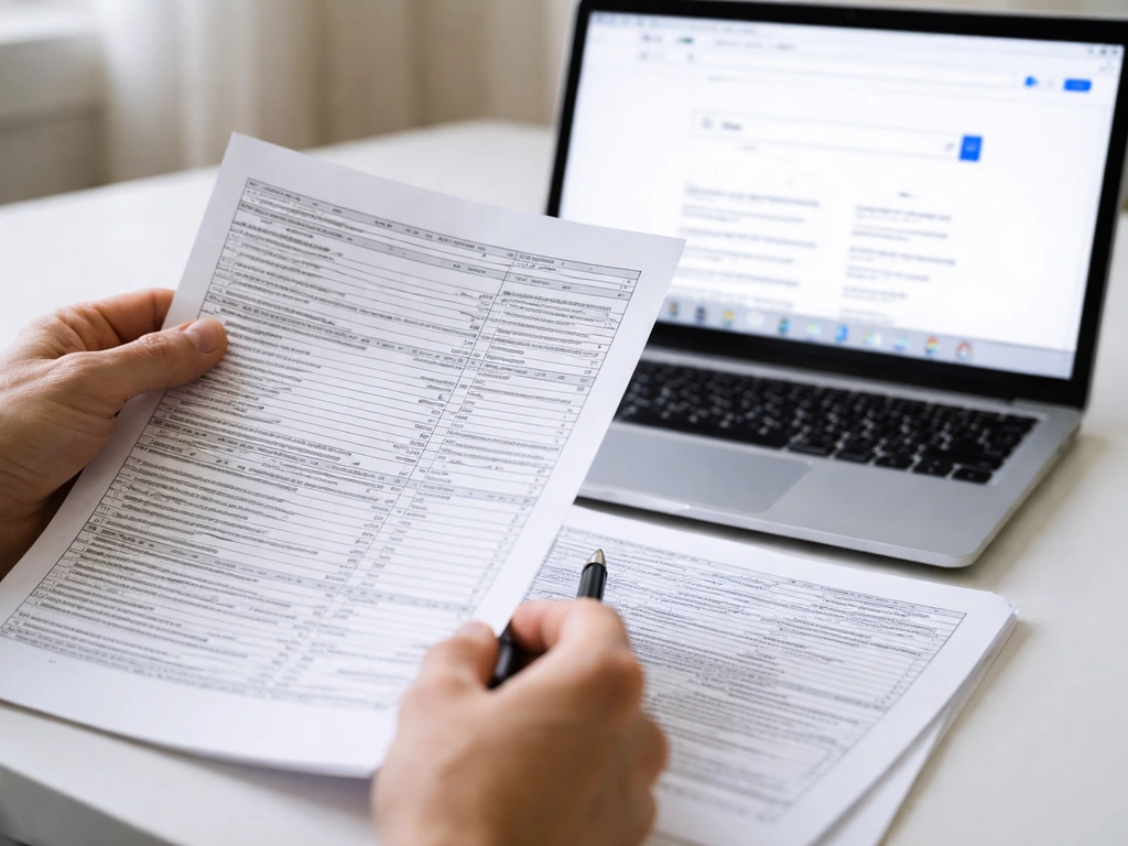 Close-up of hands reviewing a Form 990-style document with a laptop open to a search page
