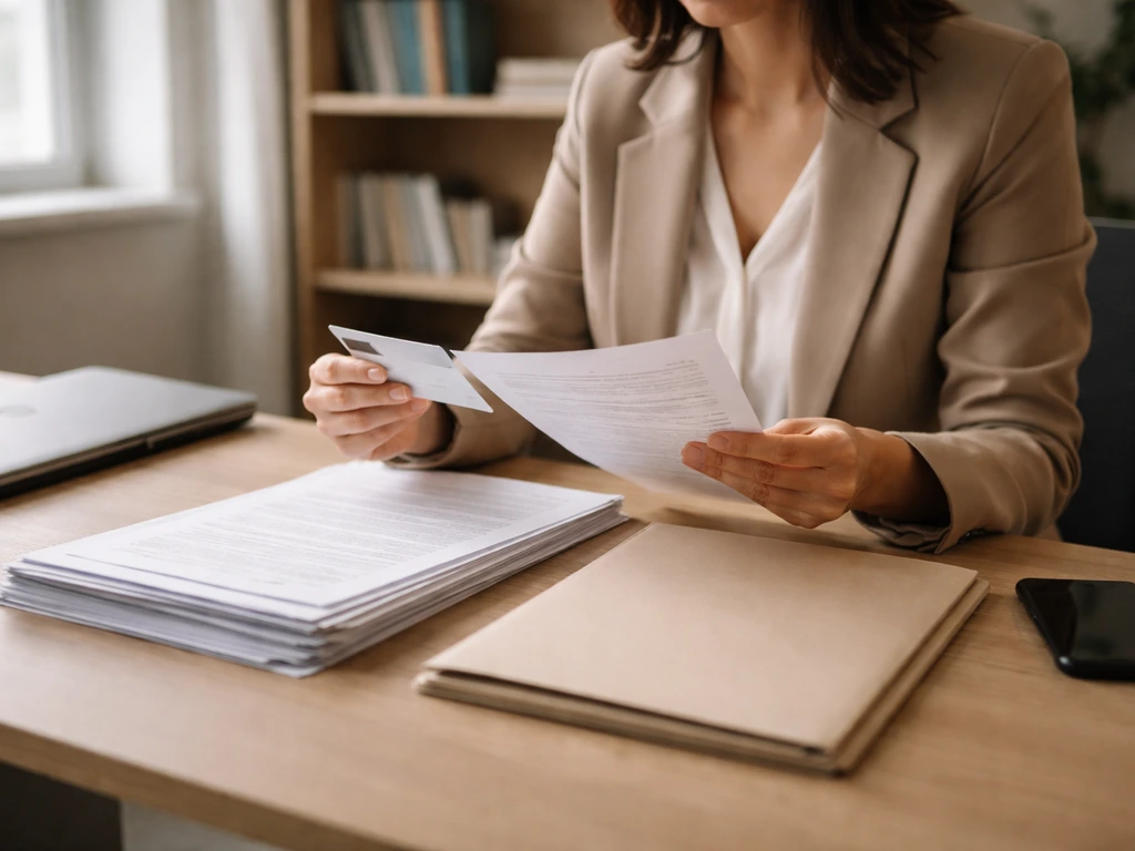 Anonymous woman in a calm think-tank office with a laptop and reference papers, identity confirmation concept.
