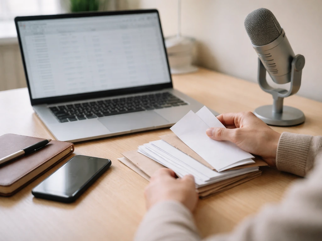 Anonymous hands sorting business papers beside a microphone and laptop in a bright office, symbolizing income sources