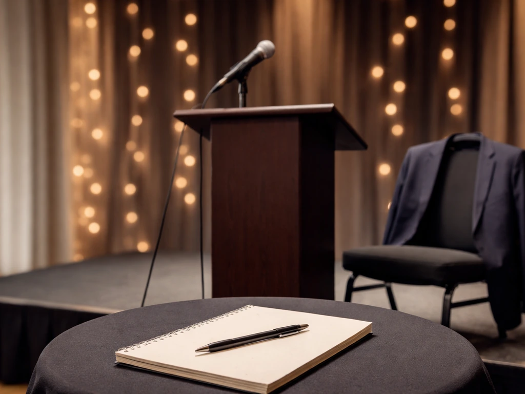 Lectern and microphone on a quiet event stage, with a suit jacket and notepad nearby, no people visible.