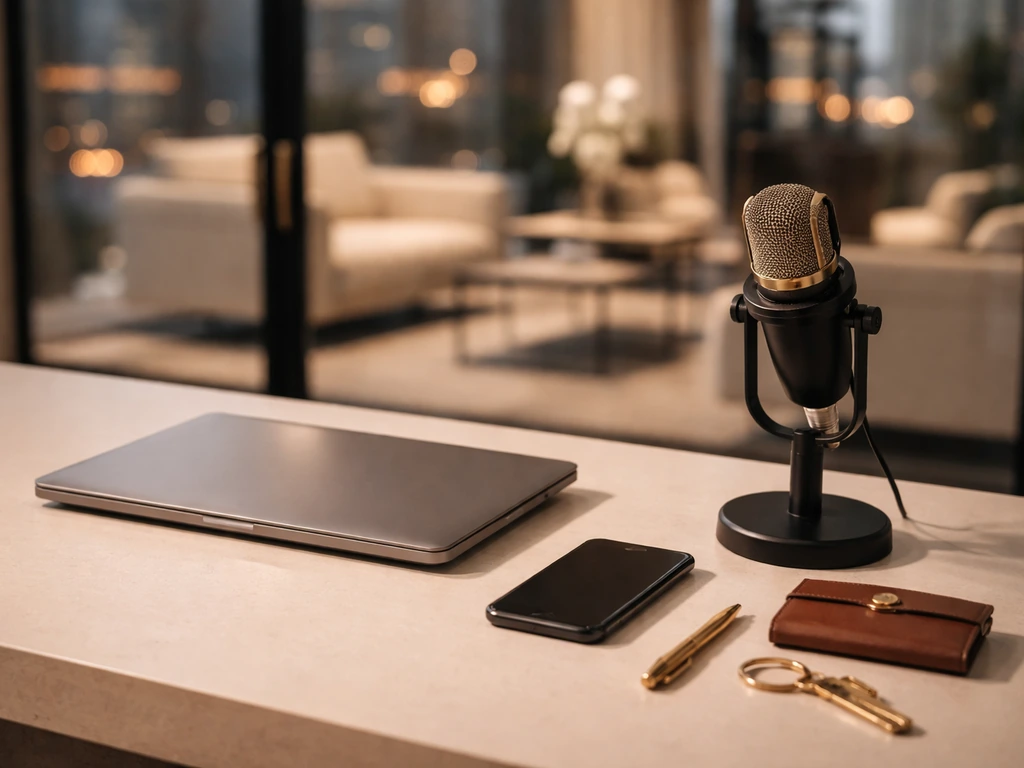 Minimal luxury desk with microphone, laptop, and gold accessories beside a softly lit city office background.
