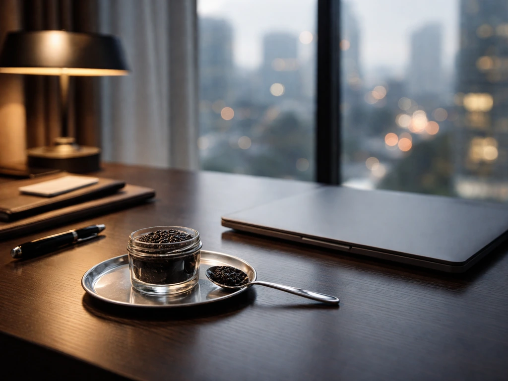 Luxury office desk with premium caviar and business ambiance suggesting a CEO identity clarification.