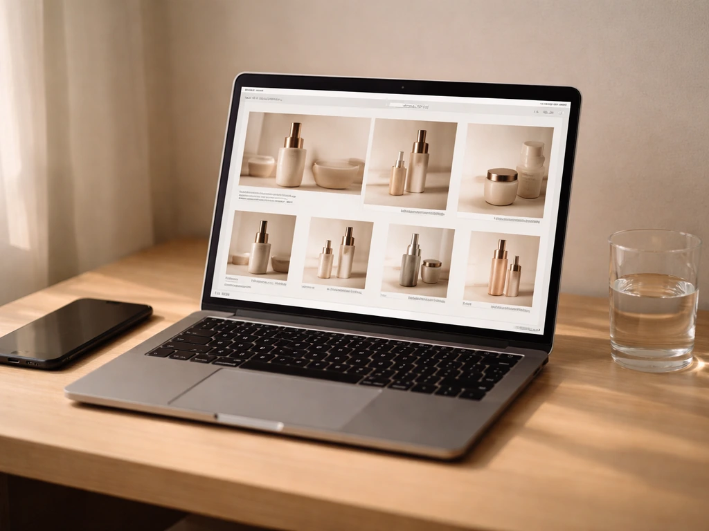 Minimal desk scene with an illuminated laptop showing a luxury cosmetics storefront-style page layout.