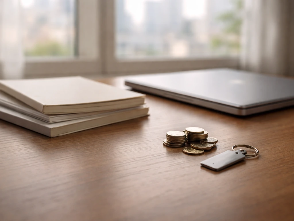 Minimal photo of a desk with scattered scripts, a laptop, and a small coin stack representing building a net-worth estim