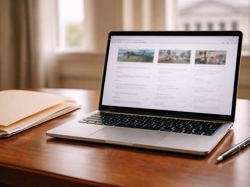 Close-up of a laptop on a desk with blurred legal/property-search pages and a legal folder nearby.