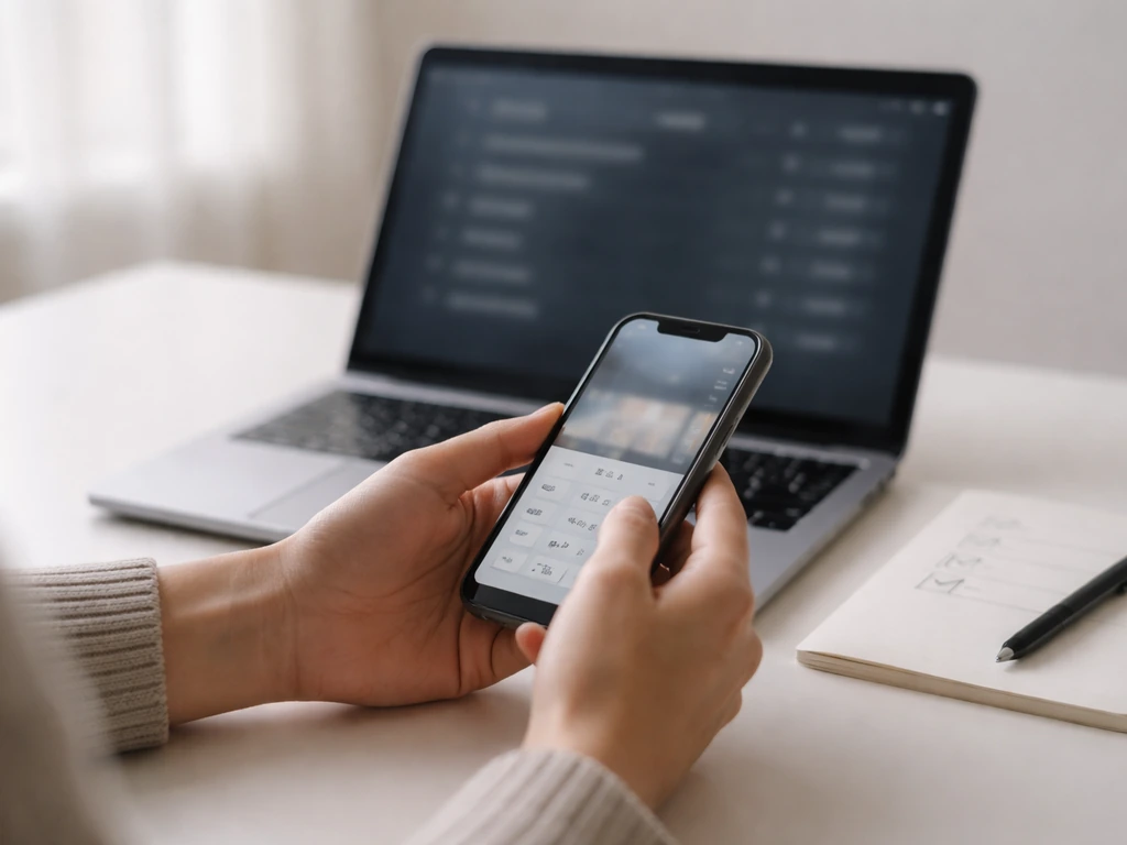 Hands checking a smartphone and laptop with a simple checklist and one checkmark on a desk.