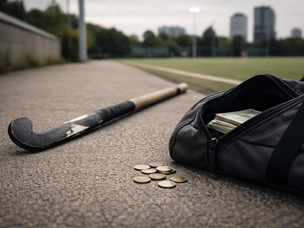 Close-up of a field-hockey stick and bag with coins, symbolizing wealth analysis in a sports setting.