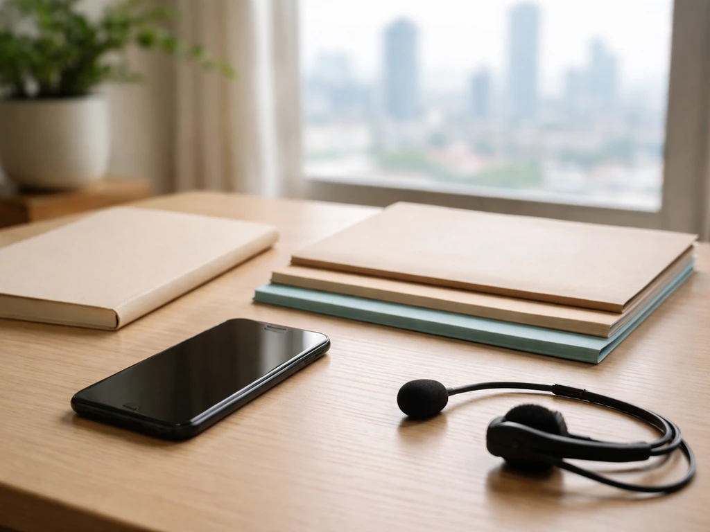 Minimal studio scene suggesting identity matching for the name Michelle Turner, with blurred phone and folders.