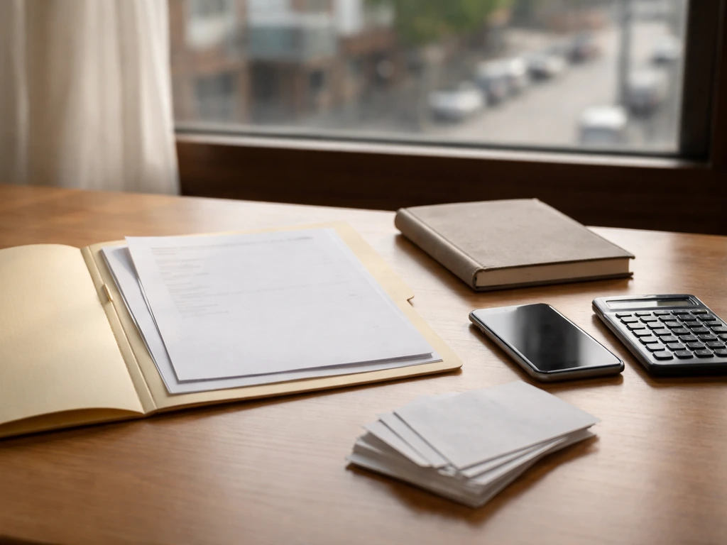 Minimal photo of a desk with papers, a smartphone, and a calculator symbolizing indirect net worth calculation