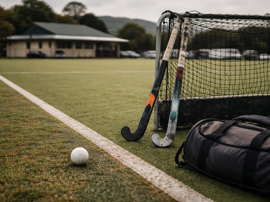 Field hockey training scene in New Zealand: sticks and ball on turf beside a small duffel bag, no people.