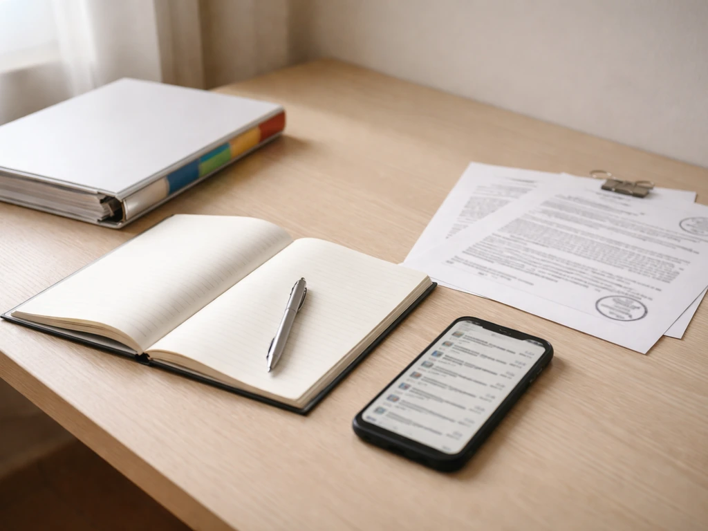 Minimal desk scene with an open notebook and a smartphone showing sports-record style documents, symbolizing verificatio