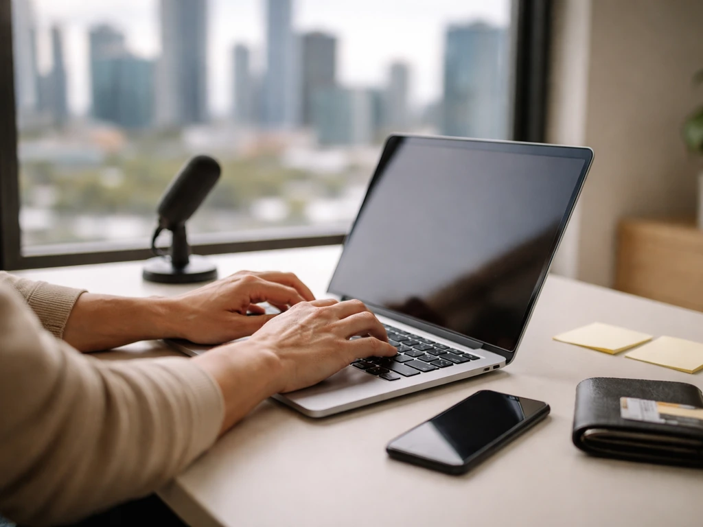 Minimal startup office scene with blurred city view and a laptop, suggesting tech entrepreneurship and marketing analyti