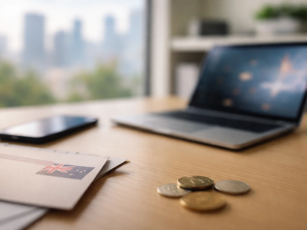 Minimal blurred office scene with subtle tech and money symbolism for marketing entrepreneurship disambiguation
