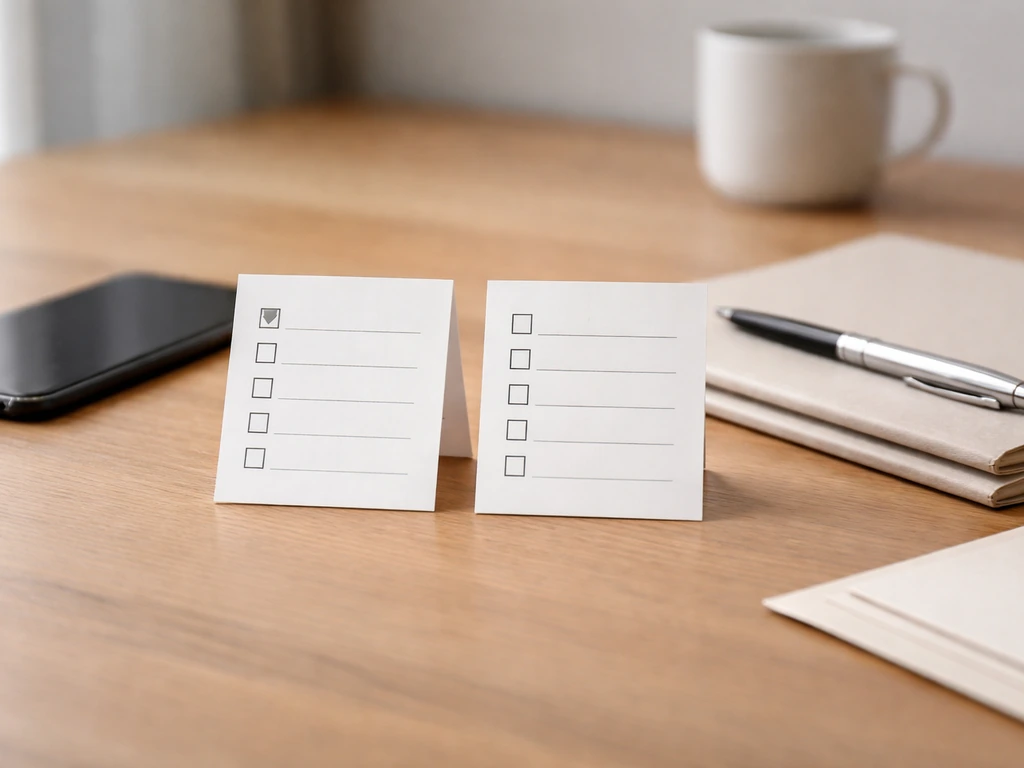 Minimal desk setup with phone, notebook, and checklist cards symbolizing verifying online sources and red flags.