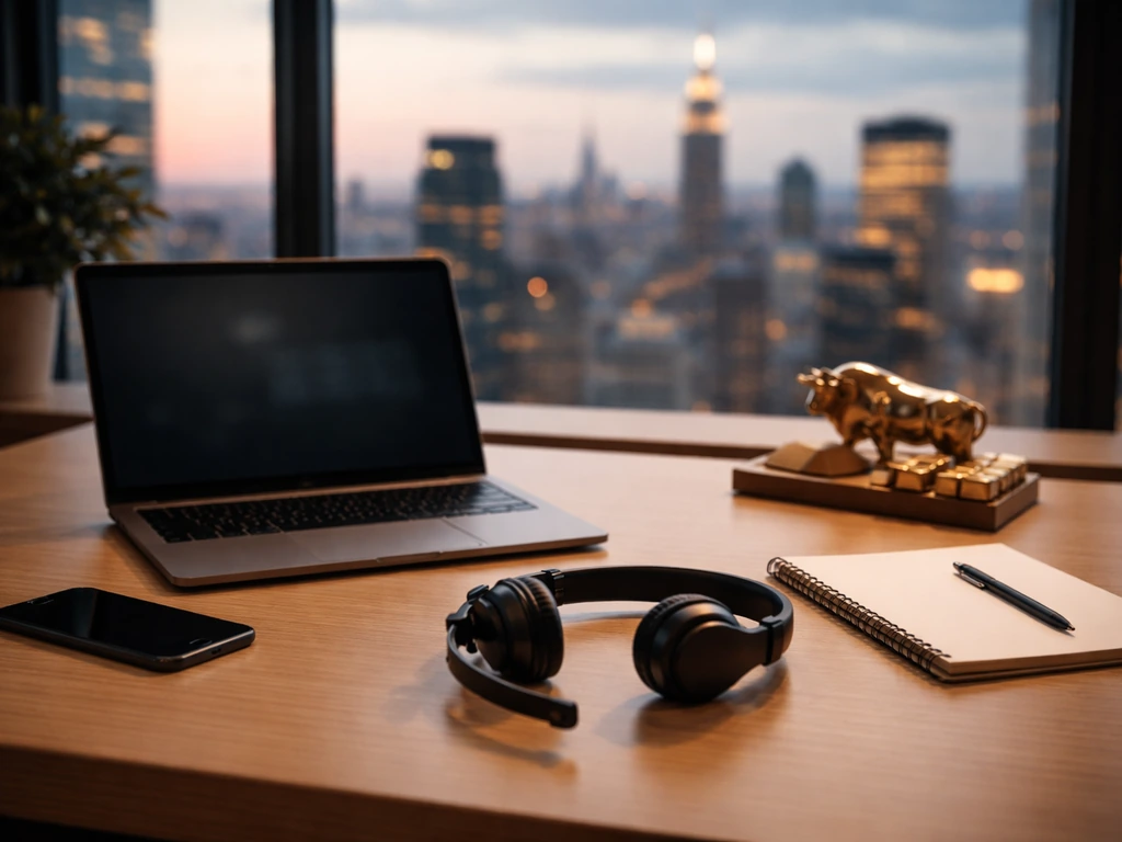 Anonymous businesswoman’s workspace with laptop, blurred city skyline, and subtle wealth symbolism