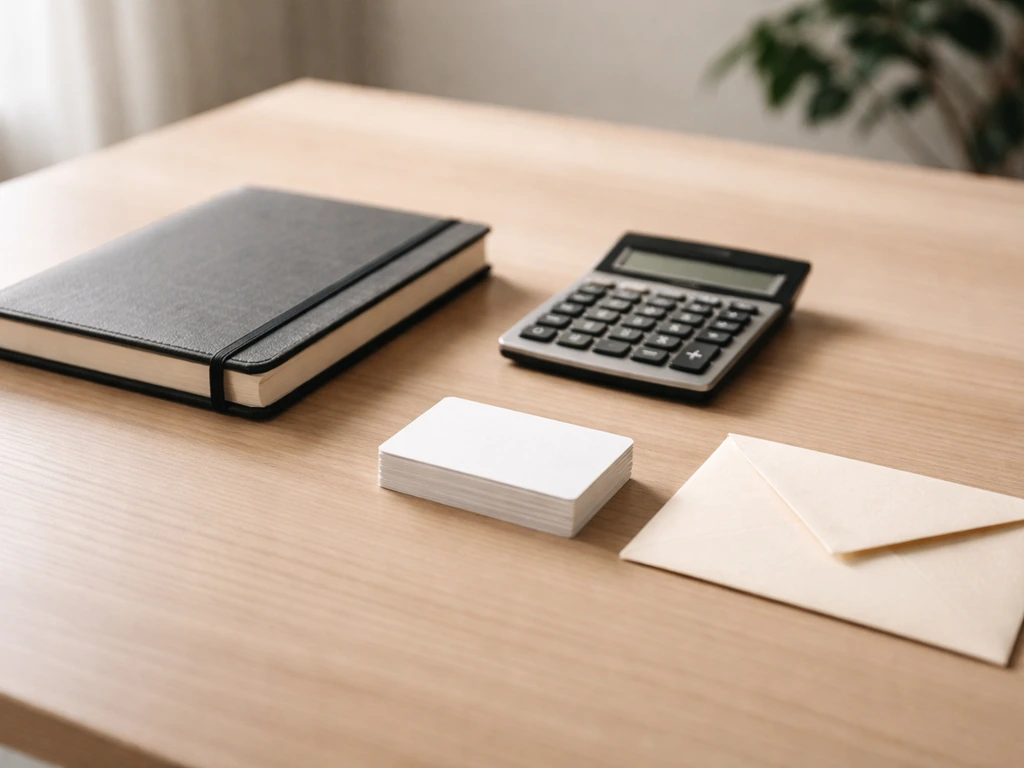 Minimal office desk with scattered business cards and a calculator beside a plain envelope, symbolizing income breakdown