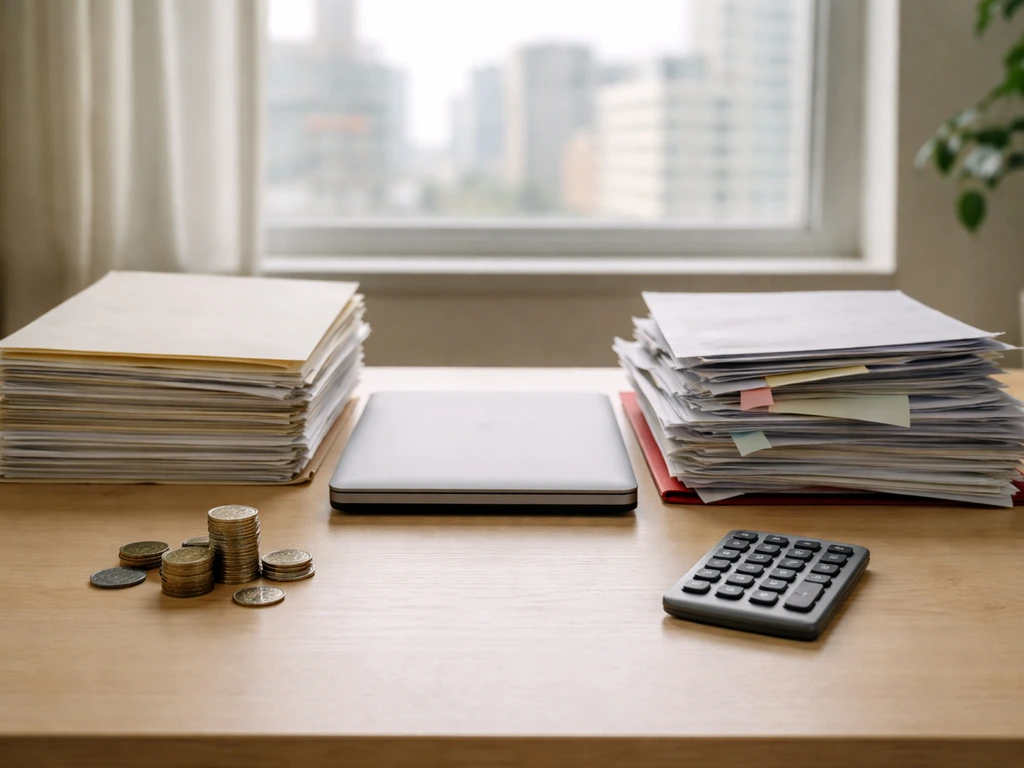 Minimal desk scene with mismatched documents, coins, and calculator, symbolizing conflicting net worth numbers