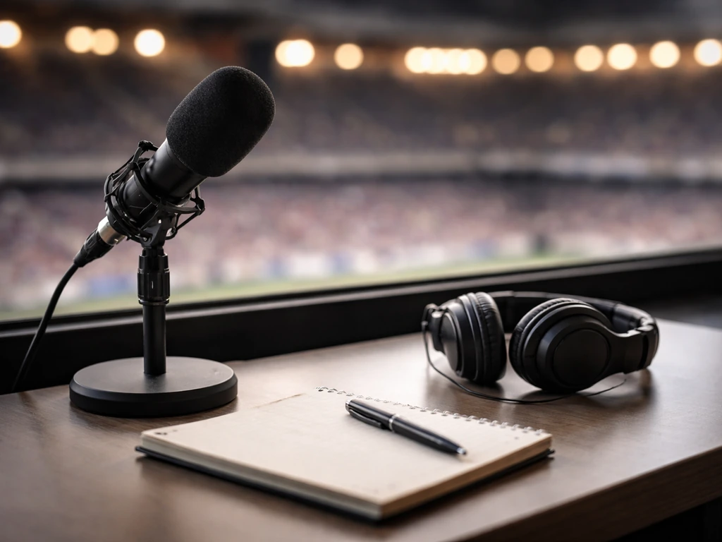 Minimal photo of a sports media desk with an ESPN-style microphone and blurred stadium lights in the background.