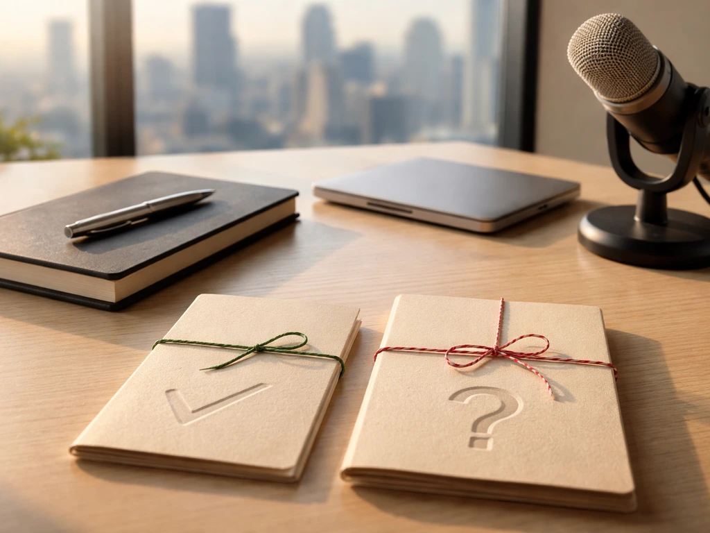 Minimal desk with notebook, pen, small laptop, microphone, and plain folders symbolizing confirmed vs speculative.
