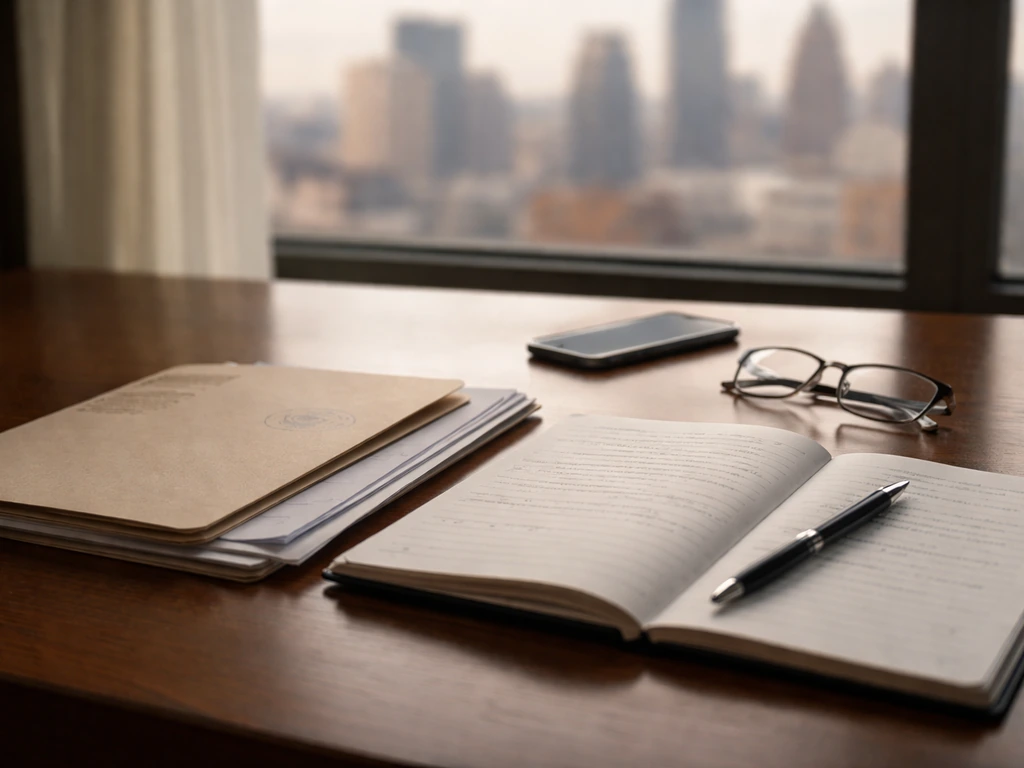 Desk scene with notebook and official-looking papers for verifying a public figure’s financial disclosures