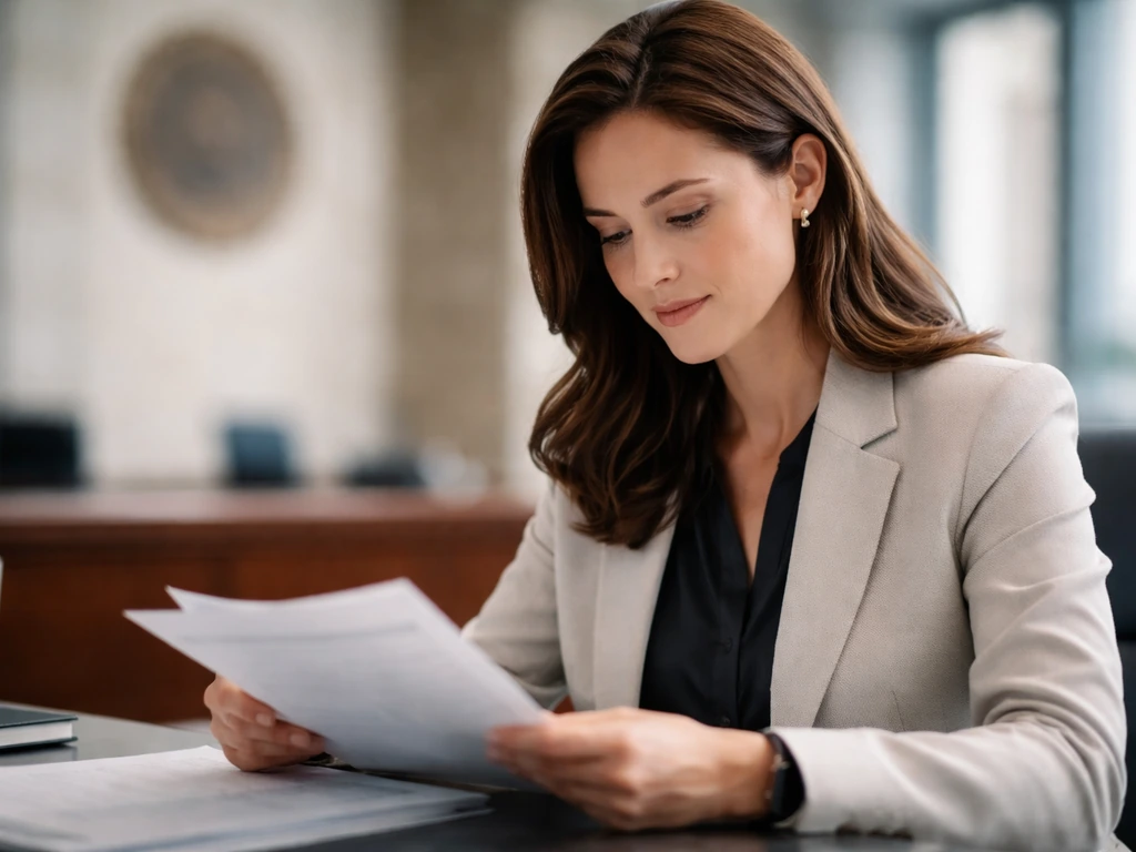 Anonymous professional woman in a quiet office with a blurred central bank seal backdrop
