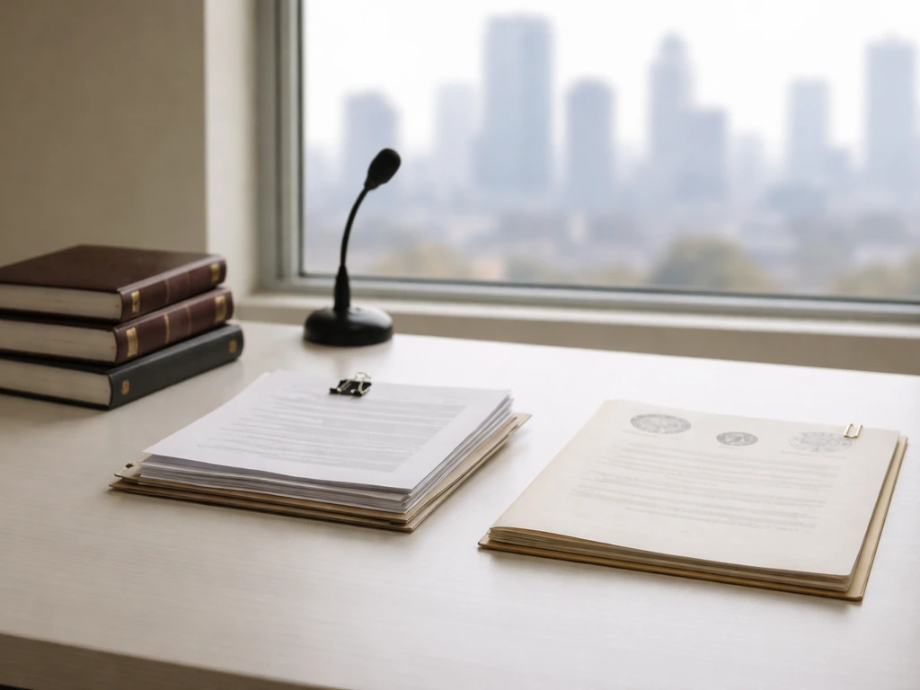 Law books, government paperwork, and banking documents arranged on a desk with soft city skyline light.