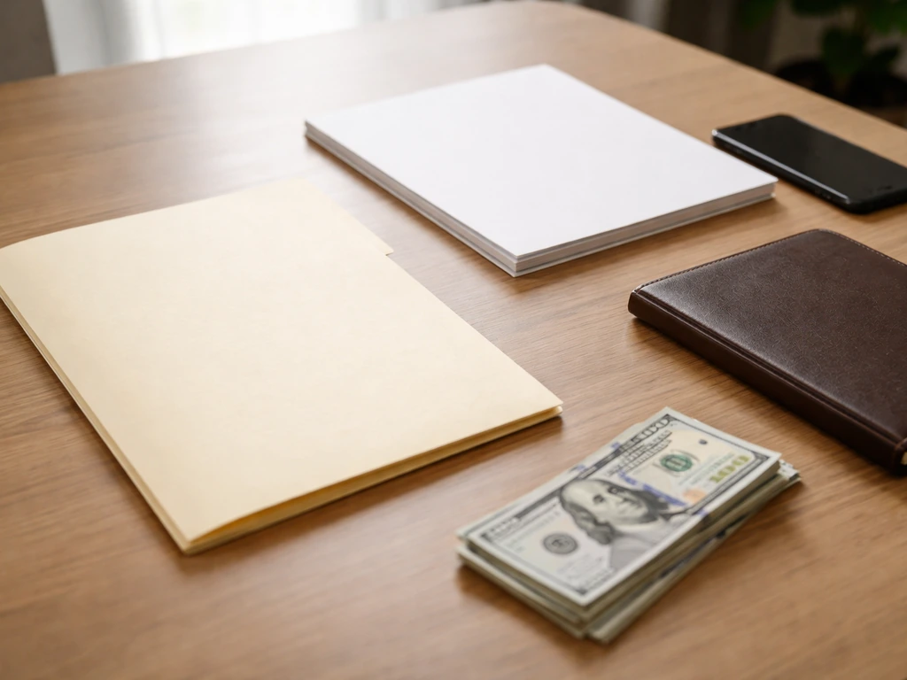 An office desk with a blank folder and scattered cash, symbolizing no verified filings and estimate ranges