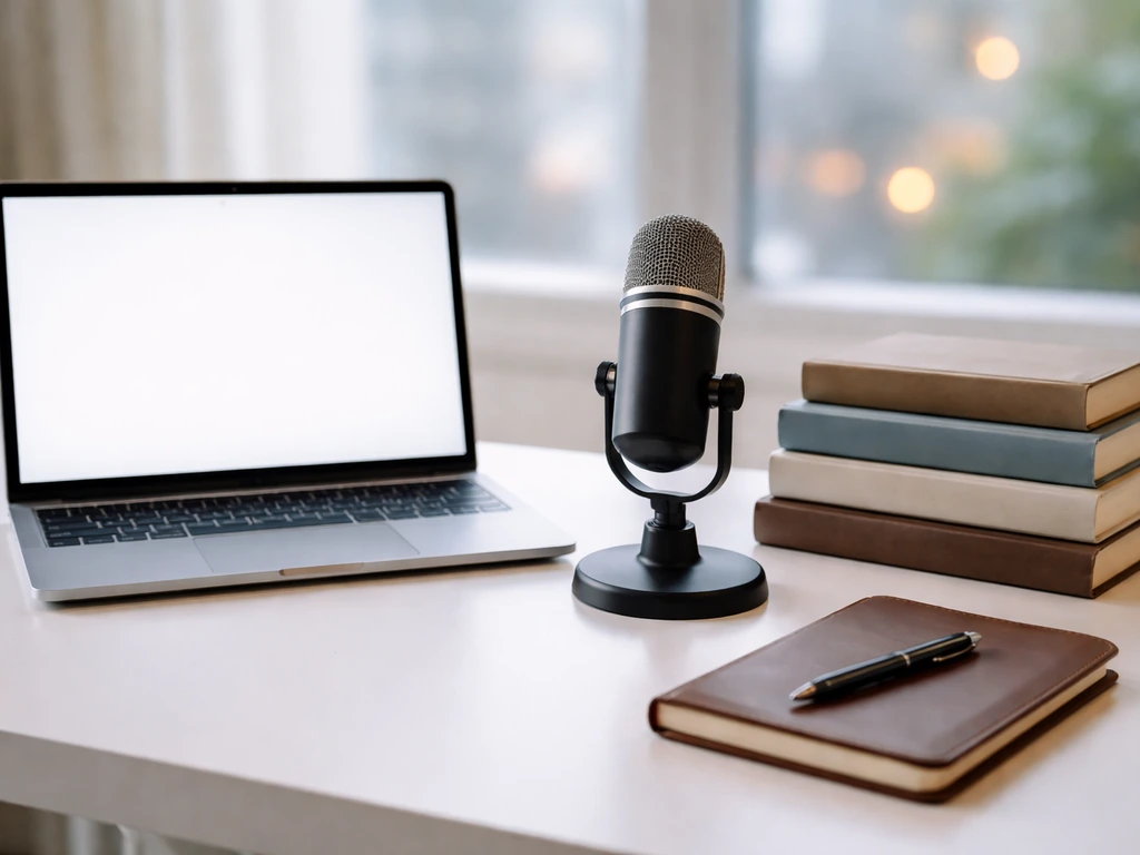 Minimal desk scene with a laptop, microphone, and a few books suggesting income channels.