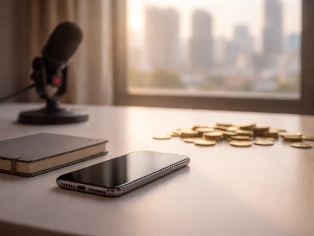 Minimal office desk scene with soft gold coins and a smartphone, suggesting a career timeline of wealth shifts.