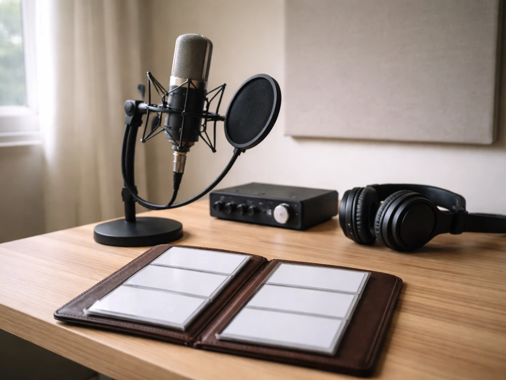 Minimal photo of a music studio desk with a microphone and ID-style documents showing privacy-focused verification cues