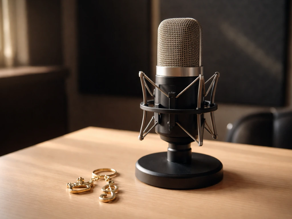 Minimal photo of a studio microphone and a gold-toned music-themed key on a desk, symbolizing royalties.