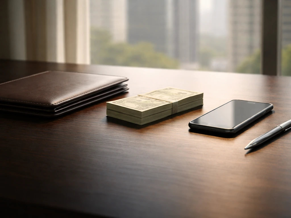 Money-themed office scene with a simple, ambiguous wealth range band feel using lighting and objects